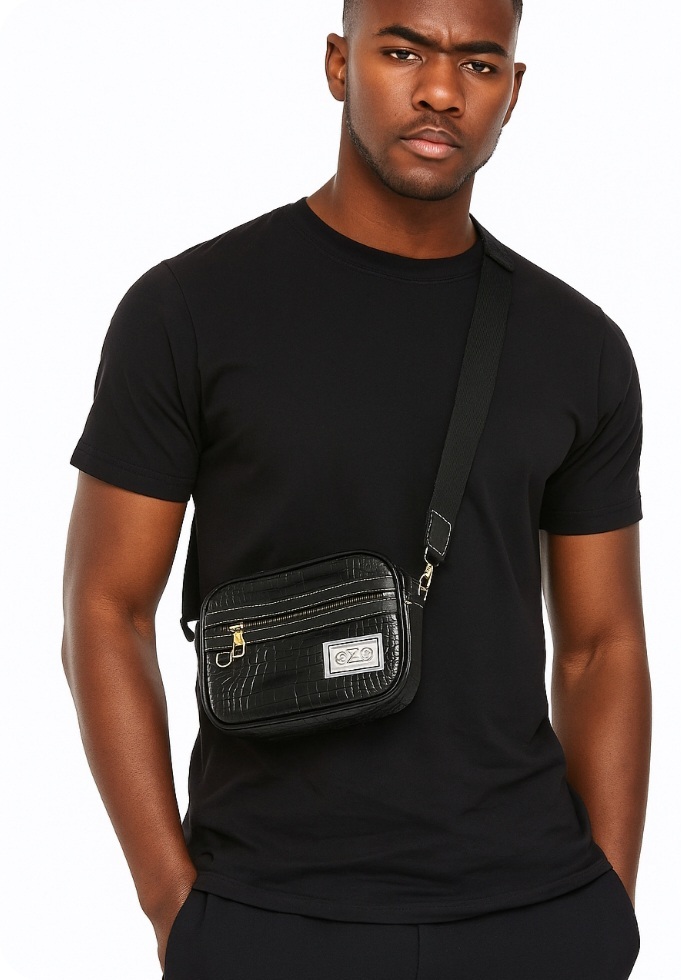 Pu crocodile crossbody bag trimmed with genuine leather